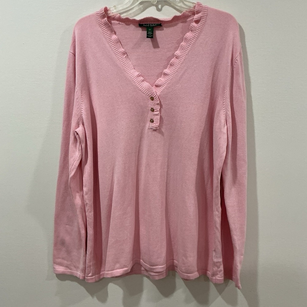 Lauren Ralph Lauren V Neck Ribbed 100% Cotton Henley Sweater Size 2X Pink Preppy